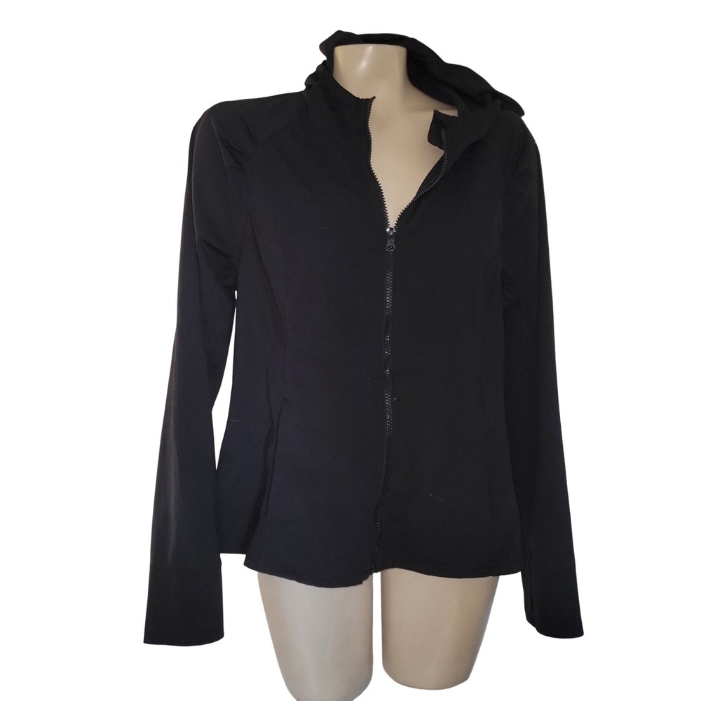 YOGALICIOUS Black Full Zip Hooded Athleisure Jacket Women's XL Thumbholes‎